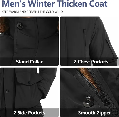 Vista 5 de Men's Winter Thicken Coat Warm Faux Fur Lined Padded Puffer Parka Jacket with Removable Hood