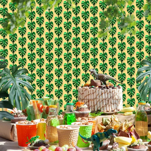 Vista 8 de Decoraciones tropicales para fiestas, paquete de 2 unidades de 3.3 x 6.6 pies, hojas de palmera tropicales verdes, cortina de flecos de hojas