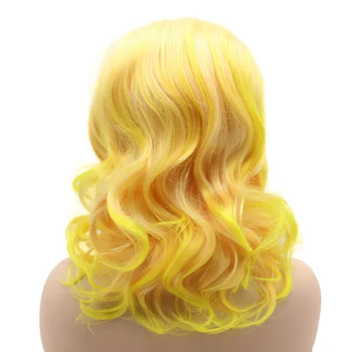 Vista 4 de Cabello ondulado longitud del hombro 16 pulgadas dos tonos raíz rosa dorado degradado densidad alta realista sintético encaje frente pelucas