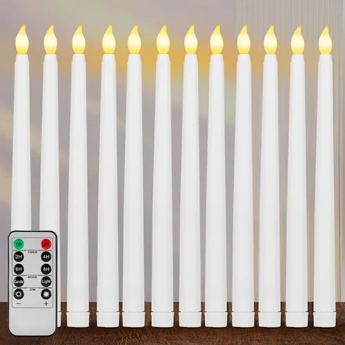 Vista 9 de Sequpr 12 velas cónicas sin llama parpadeantes con temporizador remoto, velas cónicas a pilas, candelabros LED de 10.63 pulgadas para Navidad, Marfil