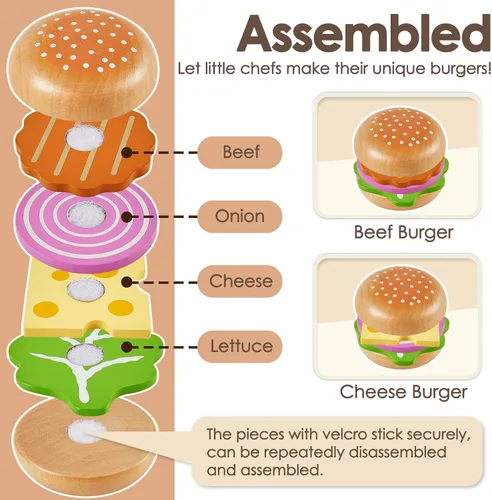 Vista 2 de Juego de Comida de Simulación para Cocina Infantil, Juego de Hamburguesas de Comida Rápida de Madera, Juguetes de Comida para Cocina de Simulación