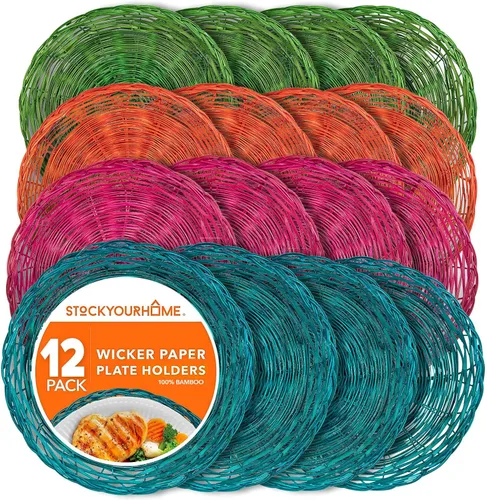 Vista 11 de Stock Your Home Soporte para platos de papel de bambú de 10 pulgadas (4 unidades) – Soportes de platos de papel reutilizables de mimbre resistente
