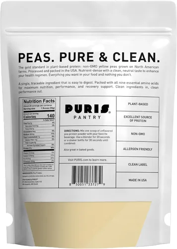 Vista 2 de PURIS Proteína de guisante en polvo – Vegano a base de plantas 0.95 oz por porción Sin lácteos, soja y gluten Etiqueta limpia sin OMG Sabor