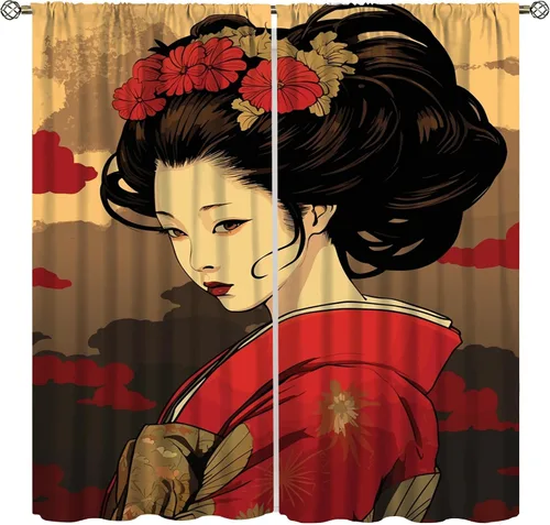 Vista 10 de Cortinas de geisha japonesas, flores rosas, ramas de árbol, sexy, glamour, para mujer, encantador, estética, oriental, con bolsillo para barra