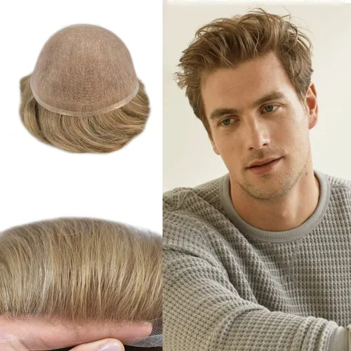 Vista 11 de Peluca de cabello humano con encaje completo, línea capilar real, para hombre, peluca de cabello con nudo blanqueado, pieza de pelo para hombres