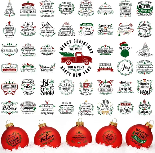 Vista 7 de 45 piezas de calcomanías UV con palabras de Navidad para decoración de bola de Navidad, calcomanías de letras de saludo inspiradas en vacaciones