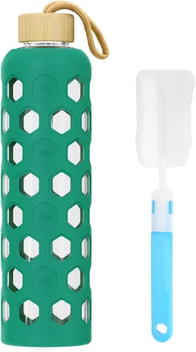 Vista 10 de Botella de agua de vidrio de 32 onzas con tapa de bambú, botellas reutilizables transparentes con funda de silicona y marcador de tiempo, vaso
