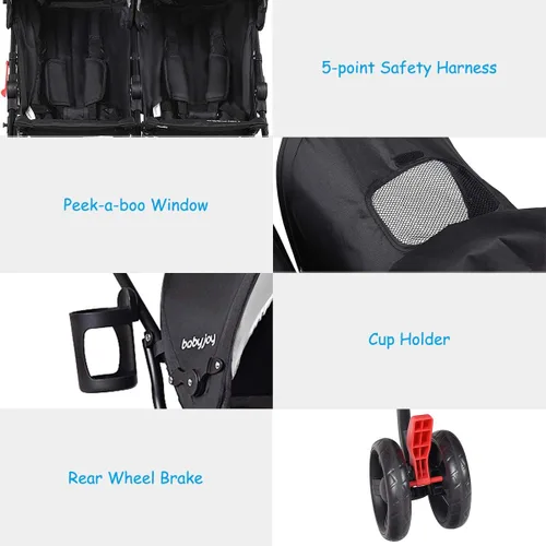 Vista 6 de HOMGX - Cochecito doble, diseño plegable de viaje, ligero, con arnés de 5 puntos y soporte para tazas, toldo para bebé, niños pequeños (negro), 18