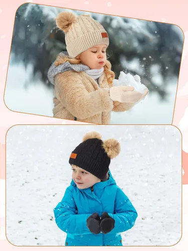 Vista 7 de SATINIOR Juego de 3 guantes de gorro para niños pequeños, sombreros de invierno cálidos de punto con lazo para bebés niñas niños de 0 a 6 años
