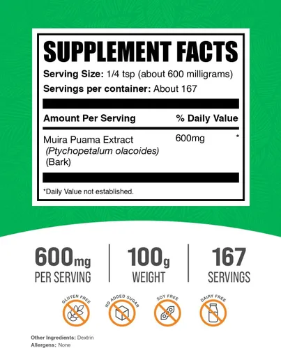 Vista 2 de BulkSupplements. com Muira Puama Extracto en polvo – Muira Puama Supplement, de Muira Puama Bark – Suplemento de hierbas, sin gluten, 600 mg por