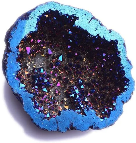 Vista 4 de StoneStory Cristal de roca natural de cuarzo recubierto de titanio, geoda de cristal curativo Reiki, espécimen mineral drusa azul, decoración