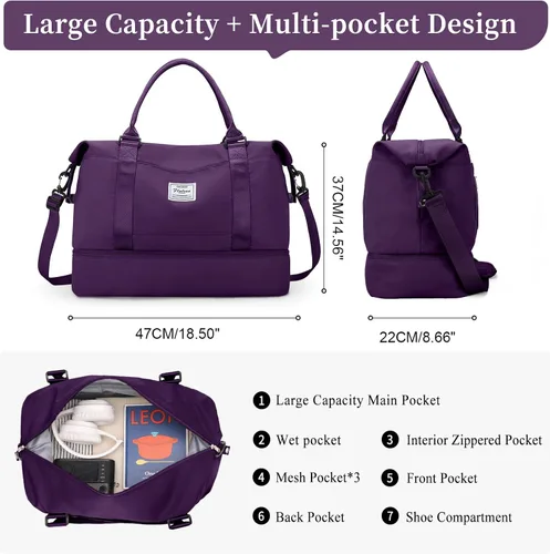 Vista 3 de Weekender Bags for Women, Personal Item Travel Bag with Shoes Compartment,Overnight Travel Duffel Bag with Wet Pocket and Separate Toiletry Bag,Gym