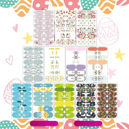 Vista 7 de winthrop 12 hojas de calcomanías de Pascua para uñas, tiras completas de esmalte de uñas, calcomanías autoadhesivas para arte de uñas, lindos huevos