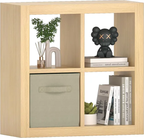 Vista 14 de Estantería con contenedor de almacenamiento, organizador de almacenamiento de 6 cubos, estantería abierta de madera moderna, estante de cubículos