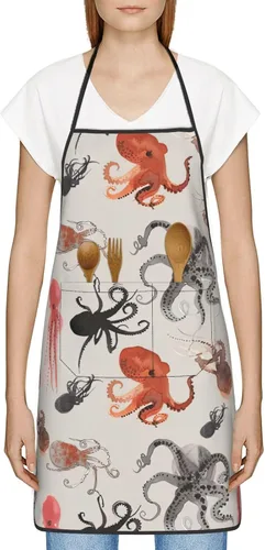 Vista 3 de BREAUX Color Octopus Print Apron, Apron With Pockets, Adjustable Bib Apron, Chef'S Apron, Bbq Apron, White