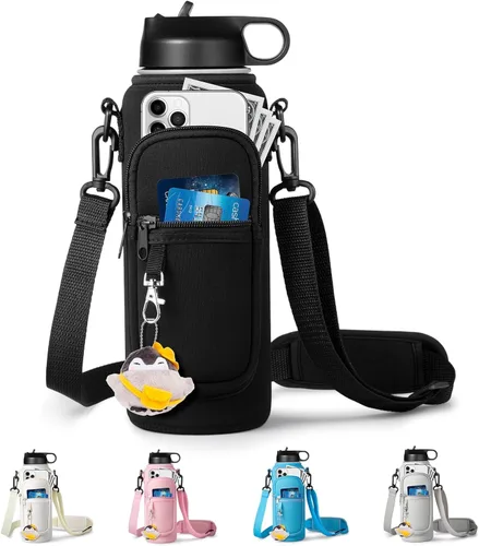 Vista 12 de RRegeny Soporte para botella de agua con correa para Hydroflask de 32 oz 40 onzas, bolsa de transporte con bolsillo para teléfono, funda para Negro