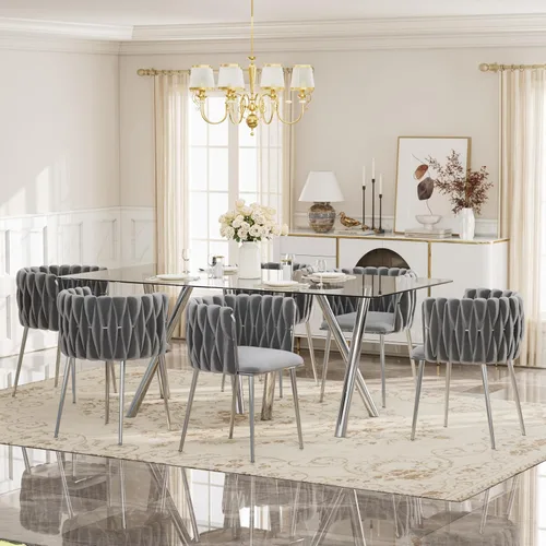 Vista 26 de Glam Style - Juego de 5 mesas de comedor para 4, mesa de comedor rectangular de vidrio templado de 71 pulgadas con base de metal dorado, sillas