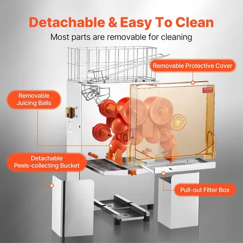 Vista 5 de VEVOR Exprimidor de naranja comercial, extractor de jugo automático de 120W, exprimidor de naranja de acero inoxidable para 20 naranjas por minuto
