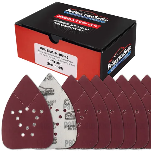 Vista 5 de ProductionShop Hojas de papel de lija premium para lijadora de detalle con patrón de ratón de 12 agujeros, paquete variado de 50 discos, granos 40