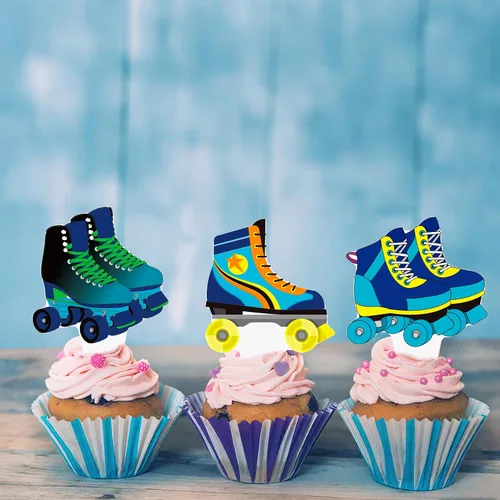 Vista 7 de 48 piezas de decoración para cupcakes de patinaje sobre ruedas, decoraciones de fiesta de cumpleaños para niños, temática de patinaje azul