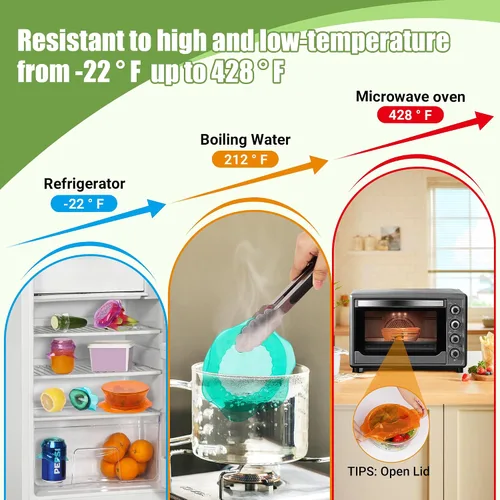 Vista 6 de Tapas elásticas de silicona para almacenamiento de alimentos en el refrigerador, fundas elásticas reutilizables para tazas, latas, tarros