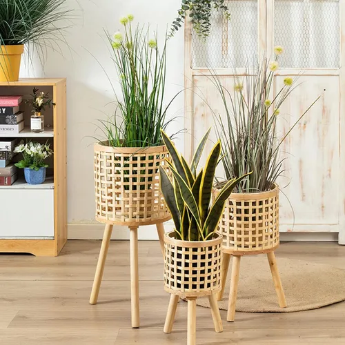 Vista 6 de Soporte tejido de bambú para macetas con patas de madera, cesta de ratán interior, macetas, soporte tejido para plantas de interior, soporte