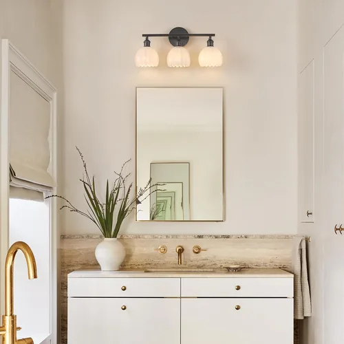Vista 103 de Shenmoyl Lámparas de baño, lámpara de pared de 2 luces para tocador sobre espejo con pantalla de vidrio tulipán blanco para dormitorio, sala