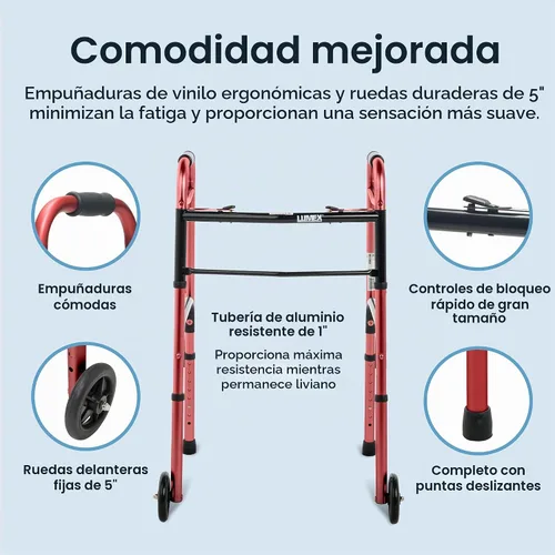 Vista 3 de Lumex ColorSelect Walker, Andador ligero y plegable de 2 ruedas para adultos y personas mayores, rojo