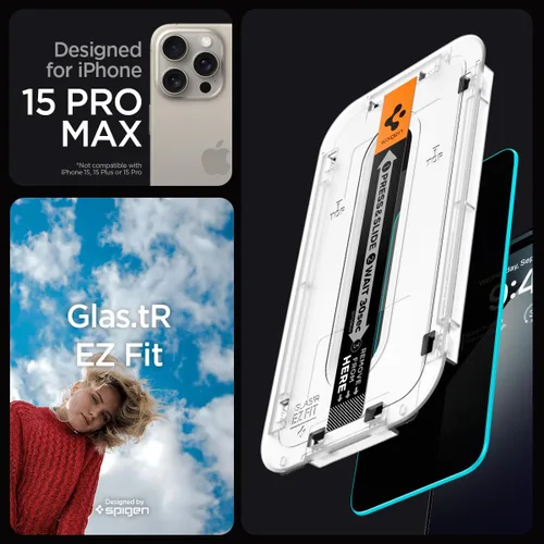 Vista 3 de Spigen Protector de pantalla de vidrio templado [GlasTR EZ FIT - Privacy] diseñado para iPhone 15 Pro Max [compatible con fundas] - Paquete de 2