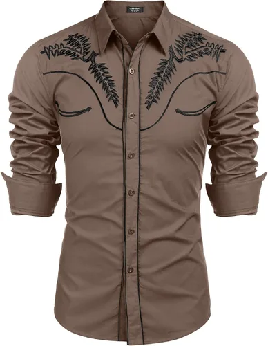 Vista 12 de COOFANDY Camisa occidental para hombre de manga larga con bordados, camisa de vaquero casual con botones café (01-Coffee(Pattern1))