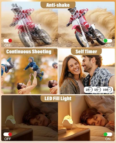 Vista 6 de Nueva cámara digital 2025, 56MP FHD 1080P para niños con zoom digital de 16x, antivibración, detección facial, captura de sonrisas, tarjeta TF de 32
