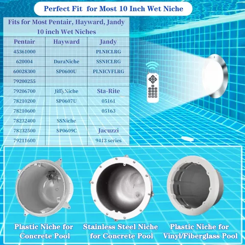 Vista 5 de Luz de piscina de 10 pulgadas para piscina enterrada, luz LED de piscina interior de 12 V CA, control remoto, luces de piscina subacuáticas