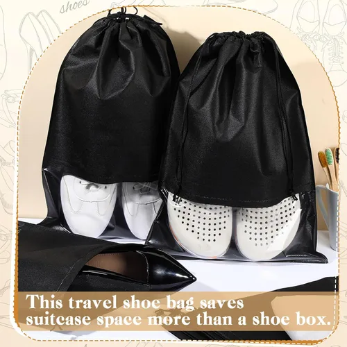 Vista 4 de Sadnyy 50 bolsas negras para zapatos para viajes, grandes no tejidas con cordón para organizar zapatos, bolsas portátiles de almacenamiento