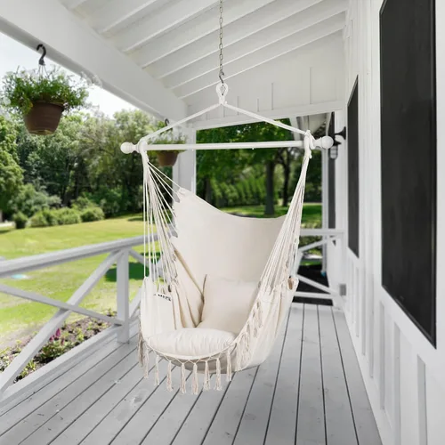 Vista 7 de SUNCREAT - Silla de hamaca para colgar con cuerda, capacidad máxima de 450 libras, columpio colgante de macramé extragrande con bolsillo lateral