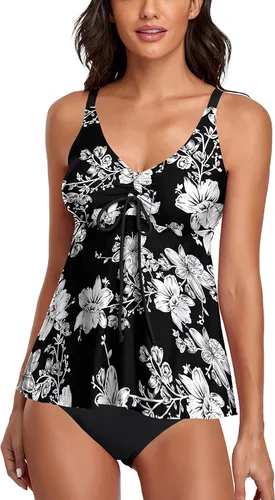 Vista 7 de Omichic Trajes de baño tankini para mujer, de dos piezas, blusa tipo tankini modesta con parte inferior de bikini Negro