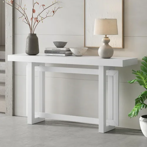 Vista 23 de Mesa de consola de madera de 152 cm con tapa de chapa de roble y patas curvadas delgadas de madera de goma, elegante mesa de sofá para sala