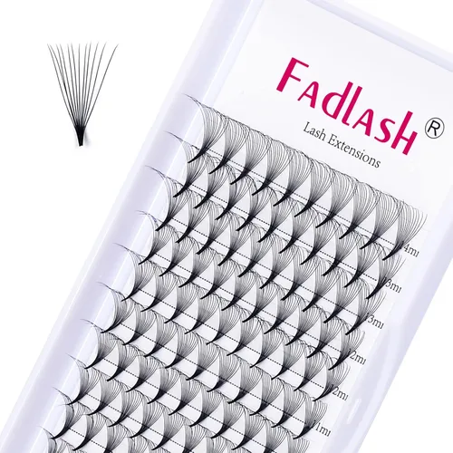 Vista 30 de FADLASH Extensiones de pestañas postizas en abanico con base puntiaguda 10D, extensiones de pestañas postizas de tallo medio, extensiones