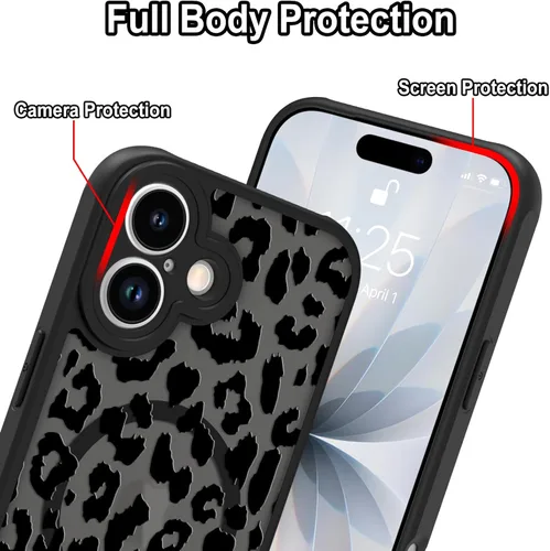 Vista 2 de Funda magnética para iPhone 17, estampado de leopardo negro [Compatible con MagSafe] Linda funda translúcida mate con parte trasera dura, a prueba