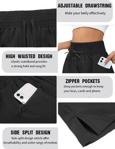 Vista 3 de PINSPARK Womens High Waisted Running Shorts Elastic Athletic Workout Shorts with Sport Liner Zipper Pocket