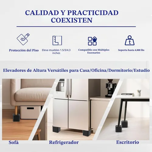 Vista 4 de Elevadores de cama de alta resistencia, bloques elevadores de muebles ajustables de 1.5, 3, 4.3 pulgadas para patas de sofá, mesa, escritorio Negro
