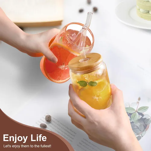 Vista 5 de DWTS DANWEITESI Tazas de café helado con tapas, 2 piezas, tazas de vidrio de 16 onzas con tapas y pajitas como accesorios de barra de café, vasos