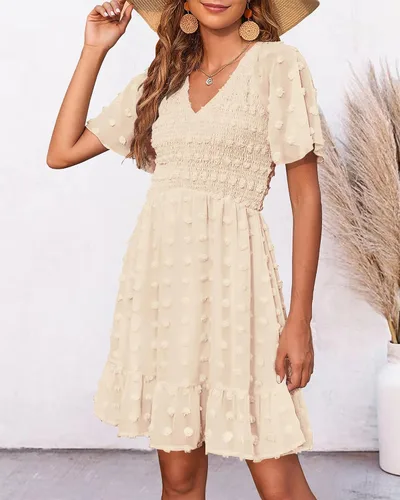 Vista 2 de BTFBM - Vestido de vacaciones en la playa para mujer, cuello en V, manga corta, fruncido, plumetí, casual, con volantes,vestidos cortos