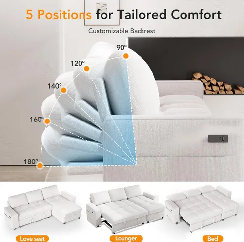 Vista 5 de Vipbear Sofá cama modular de 81 pulgadas con cama extraíble, sofá en forma de L con respaldo reclinable, diván de almacenamiento reversible, puertos