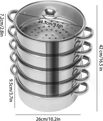 Vista 2 de Olla de vapor para cocinar, olla de vapor de acero inoxidable de 5 niveles de 10.2 in/10 pulgadas, utensilios de cocina de cocción de carne y 26 cm.