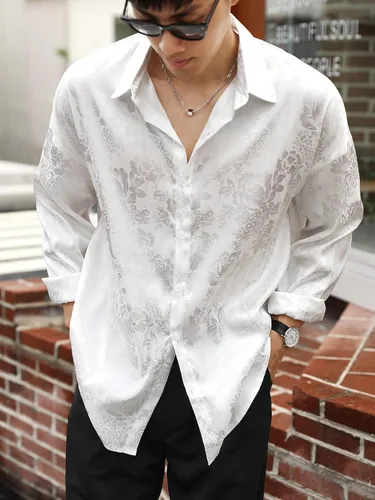 Vista 6 de OYOANGLE Camisa floral de manga larga con botones y cuello de solapa para hombre color liso