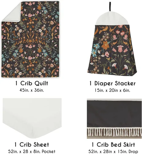 Vista 2 de Sweet Jojo Designs Juego de 4 piezas para cuna de bebé (Black Wildflower Vintage Floral) para niñas, bebés/guardería incl. manta, sábana ajustada