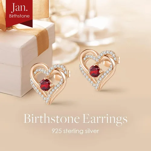 Vista 4 de Aretes CDE Forever Love Heart de plata de ley 925, chapados en oro rosa, con piedra de nacimiento de diciembre, circonita cúbica de calidad 5 A
