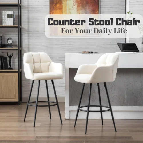 Vista 6 de ROCITY Juego de 2 taburetes de bar de terciopelo con respaldo, silla de bar beige para isla de cocina, taburetes de bar modernos con patas de metal