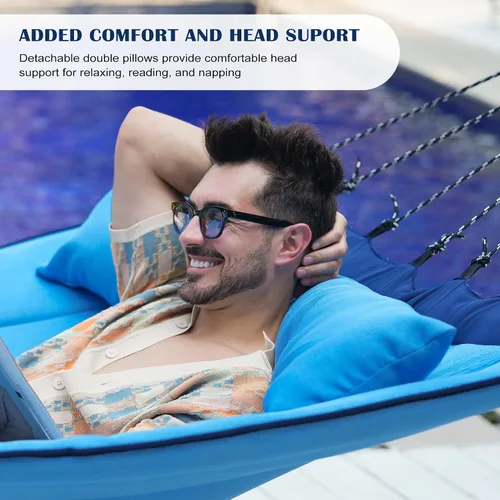 Vista 3 de Lazy Daze Hammocks Hamaca de tela acolchada de 12 pies con barra separadora de aluminio curvada, hamaca doble exterior con almohada suave, bolsillo