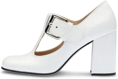 Vista 3 de FOWT Zapatos de tacón alto grueso con punta cuadrada cerrada para mujer, con correa en T, zapatos de tacón alto grueso para oficina, talla 4-16 M